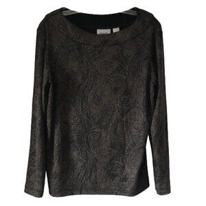 NWOT Chico's Travelers Top Black Print Boatneck Longs sleeves Size 2 Large  4450
